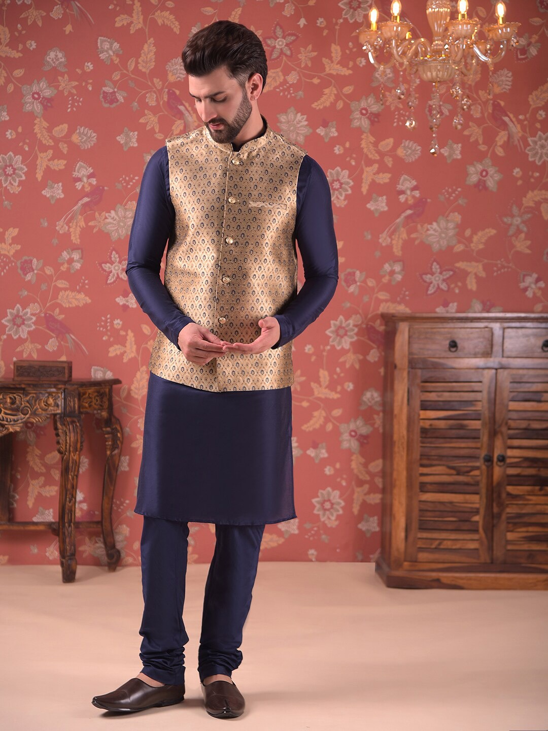 

House of Pataudi Straight Kurta With Churidar & Nehru Jacket, Brown