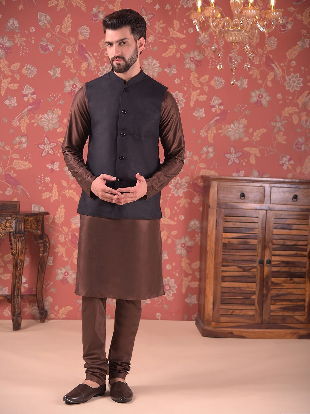

House of Pataudi Straight Kurta With Churidar & Nehru Jacket, Black