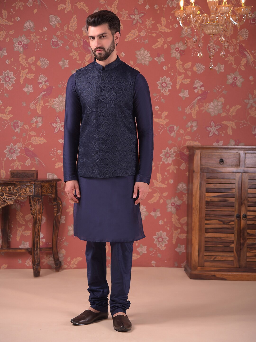 

House of Pataudi Straight Kurta With Churidar & Nehru Jacket, Navy blue