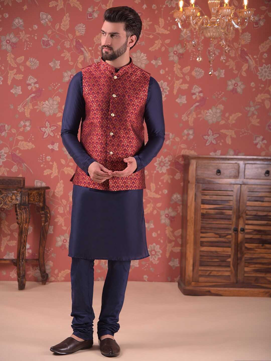 

House of Pataudi Straight Kurta With Churidar & Nehru Jacket, Navy blue
