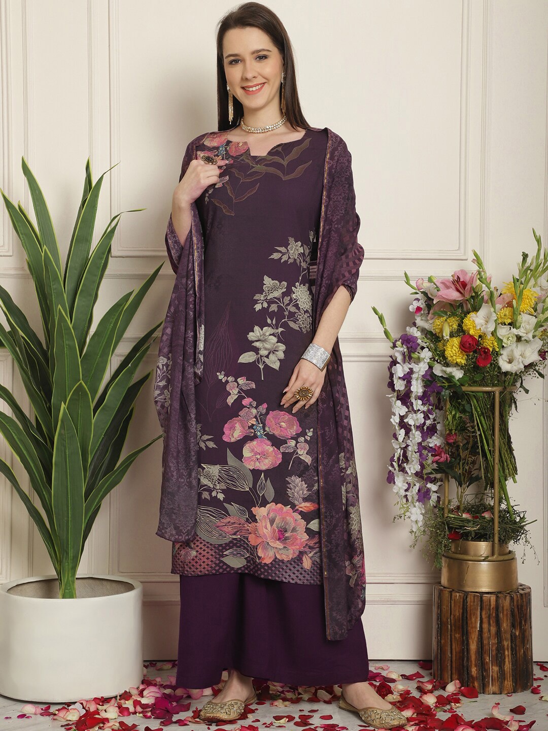 

Stylee LIFESTYLE Floral Printed Unstitched Dress Material, Violet