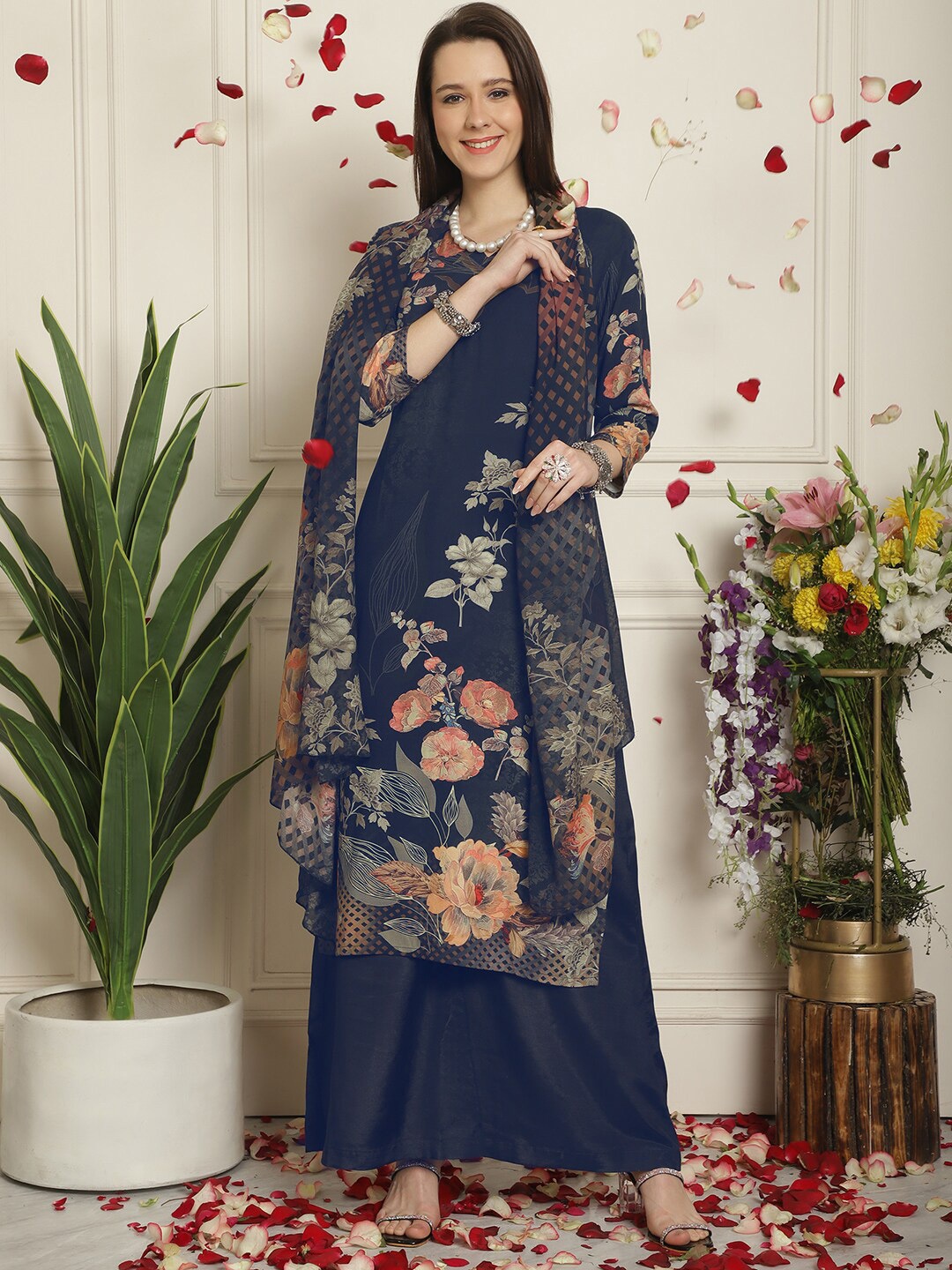 

Stylee LIFESTYLE Floral Printed Unstitched Dress Material, Navy blue