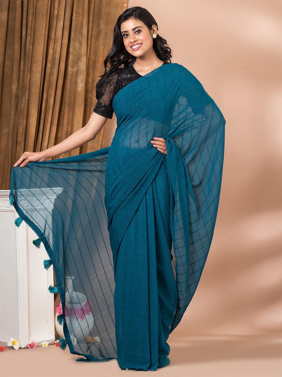 

MAHALASA Striped Pure Chiffon Saree, Teal
