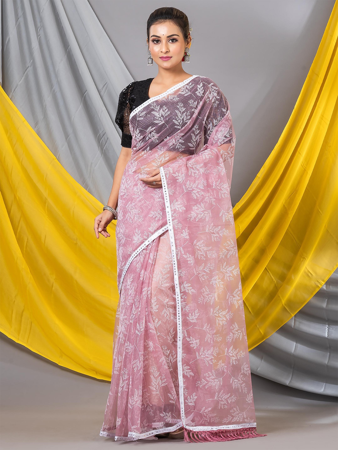 

MAHALASA Floral Printed Sequinned Embellished Pure Chiffon Saree, Magenta