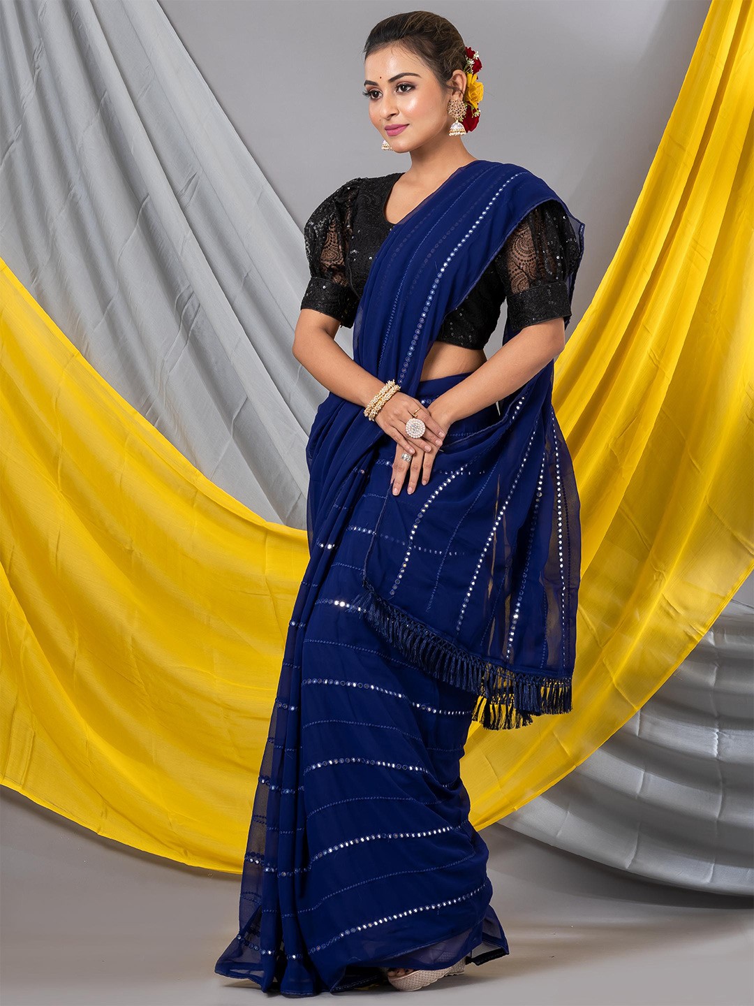 

MAHALASA Striped Embroidered Mirror Work Saree, Blue