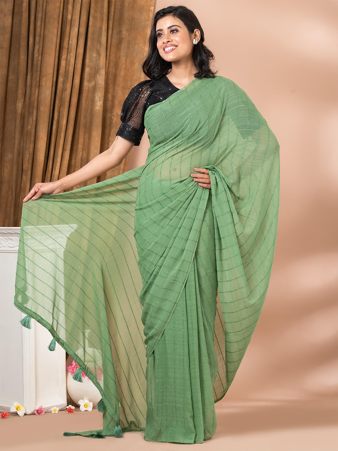 

MAHALASA Striped Pure Chiffon Saree, Green