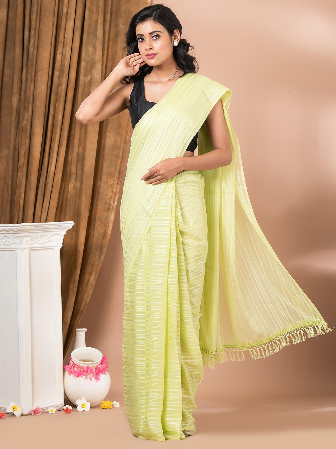 

MAHALASA Striped Zari Saree, Olive
