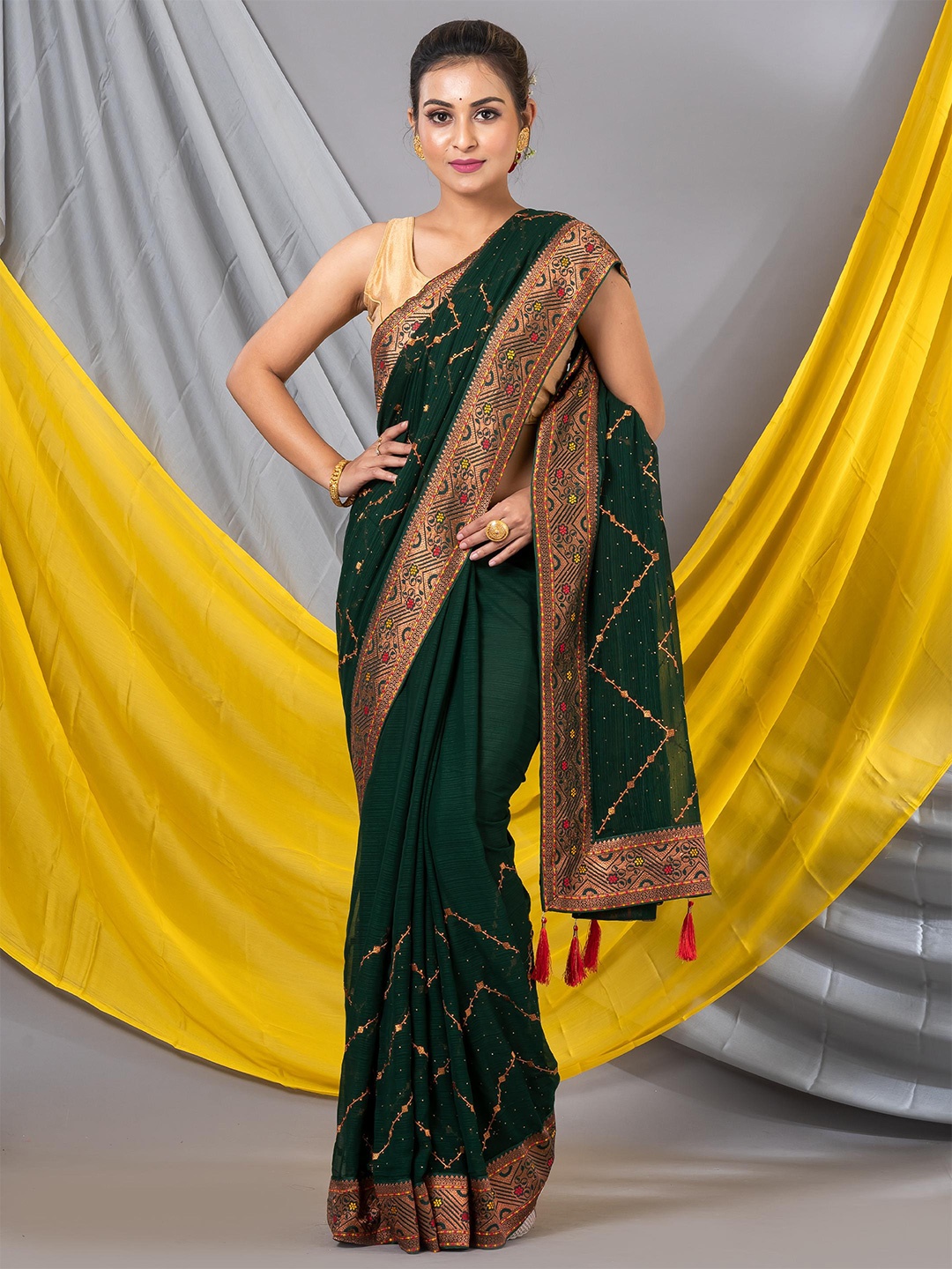 MAHALASA Olive Green Zari Pure Georgette Saree