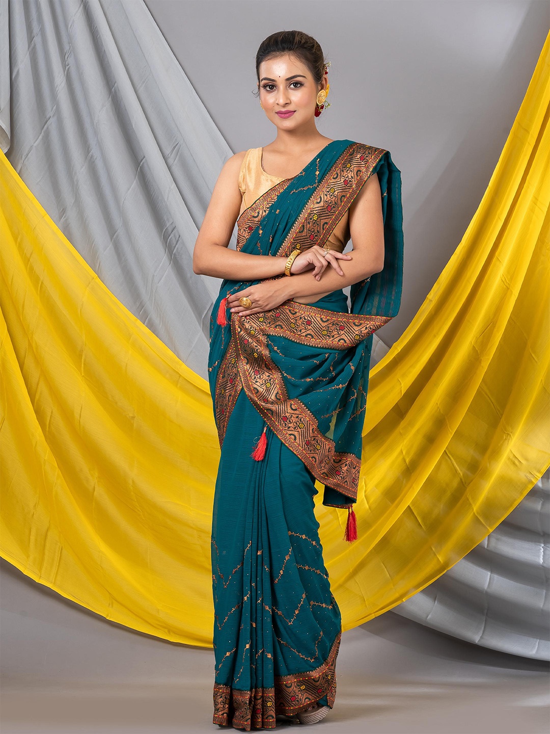

MAHALASA Woven Design Geometric Pure Georgette Zari Saree, Teal