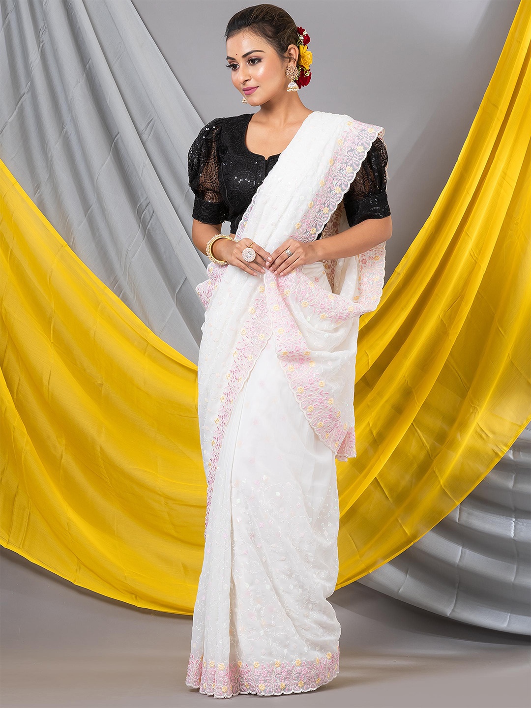 

MAHALASA Floral Embroidered Art Silk Saree, Off white