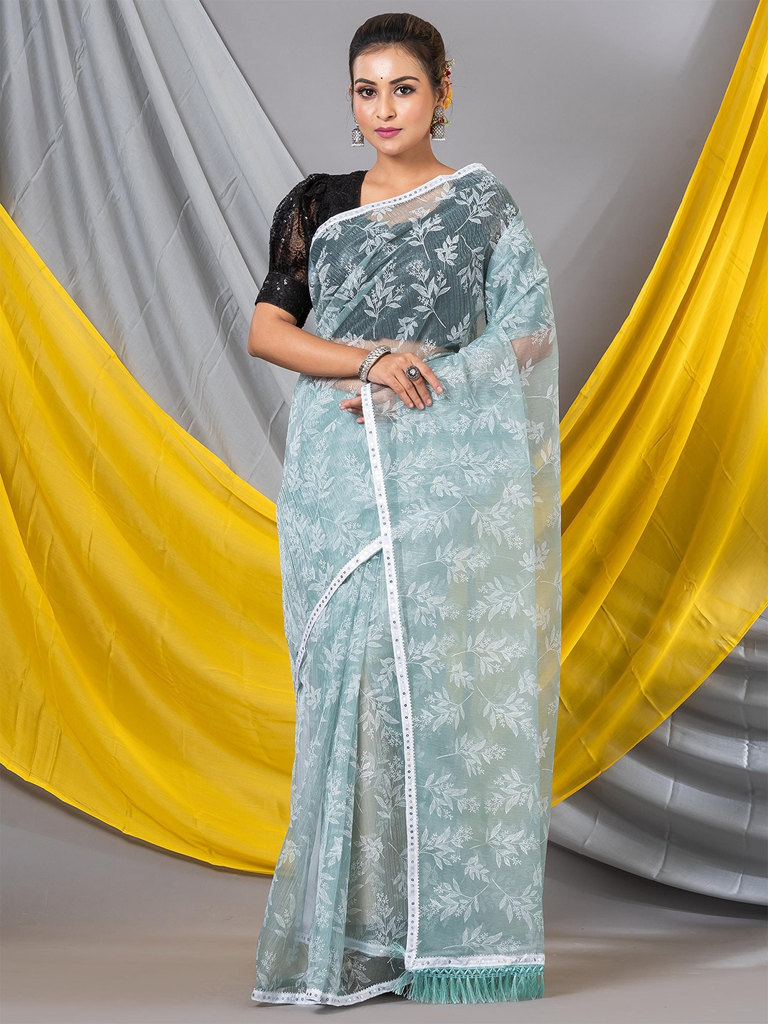 

MAHALASA Floral Pure Chiffon Saree, Sea green