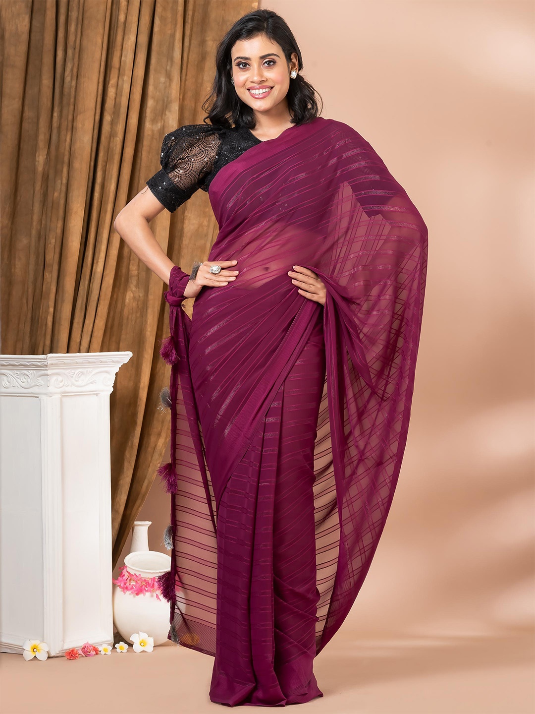 

MAHALASA Striped Pure Georgette Saree, Magenta