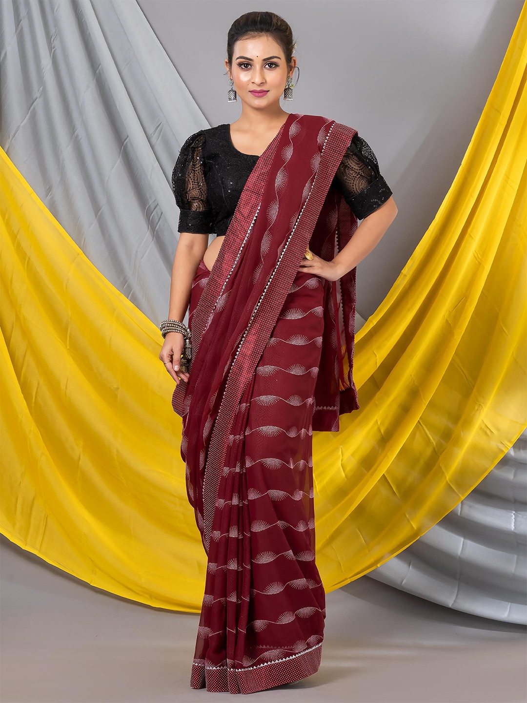 

MAHALASA Geometric Printed Pure Georgette Saree, Maroon