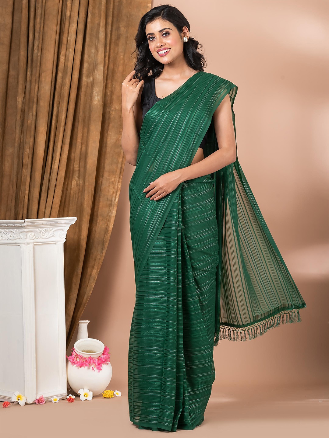 

MAHALASA Striped Zari Saree, Olive