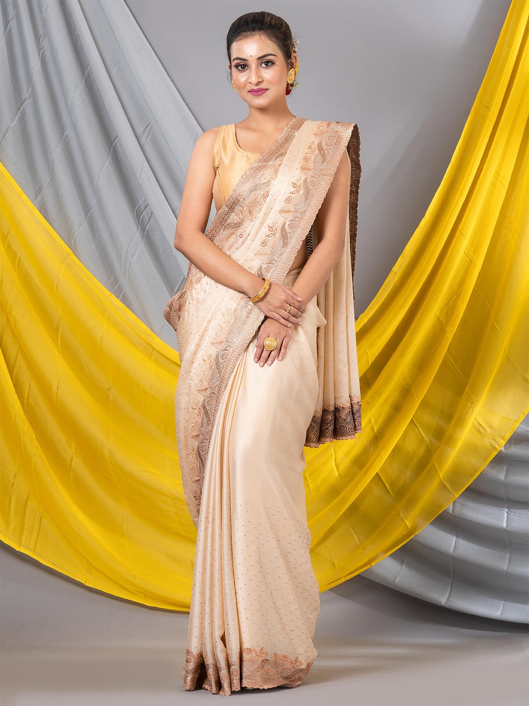 

MAHALASA Embroidered Floral Saree, Beige