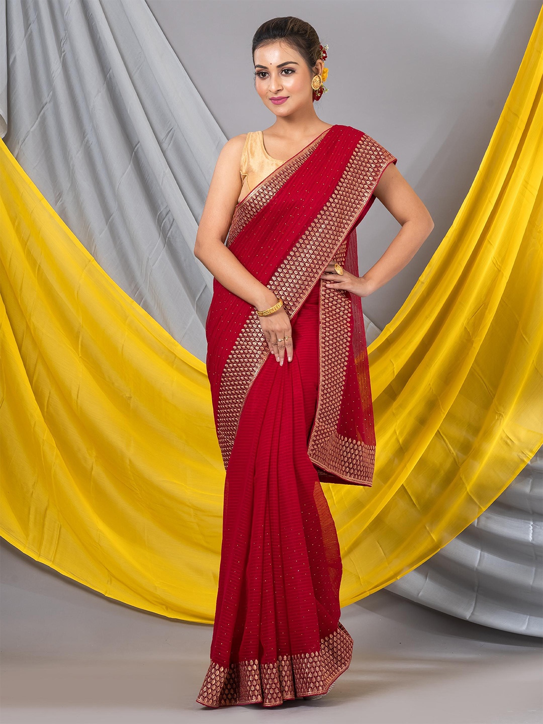 

MAHALASA Embellished Embroidered Organza Saree, Maroon