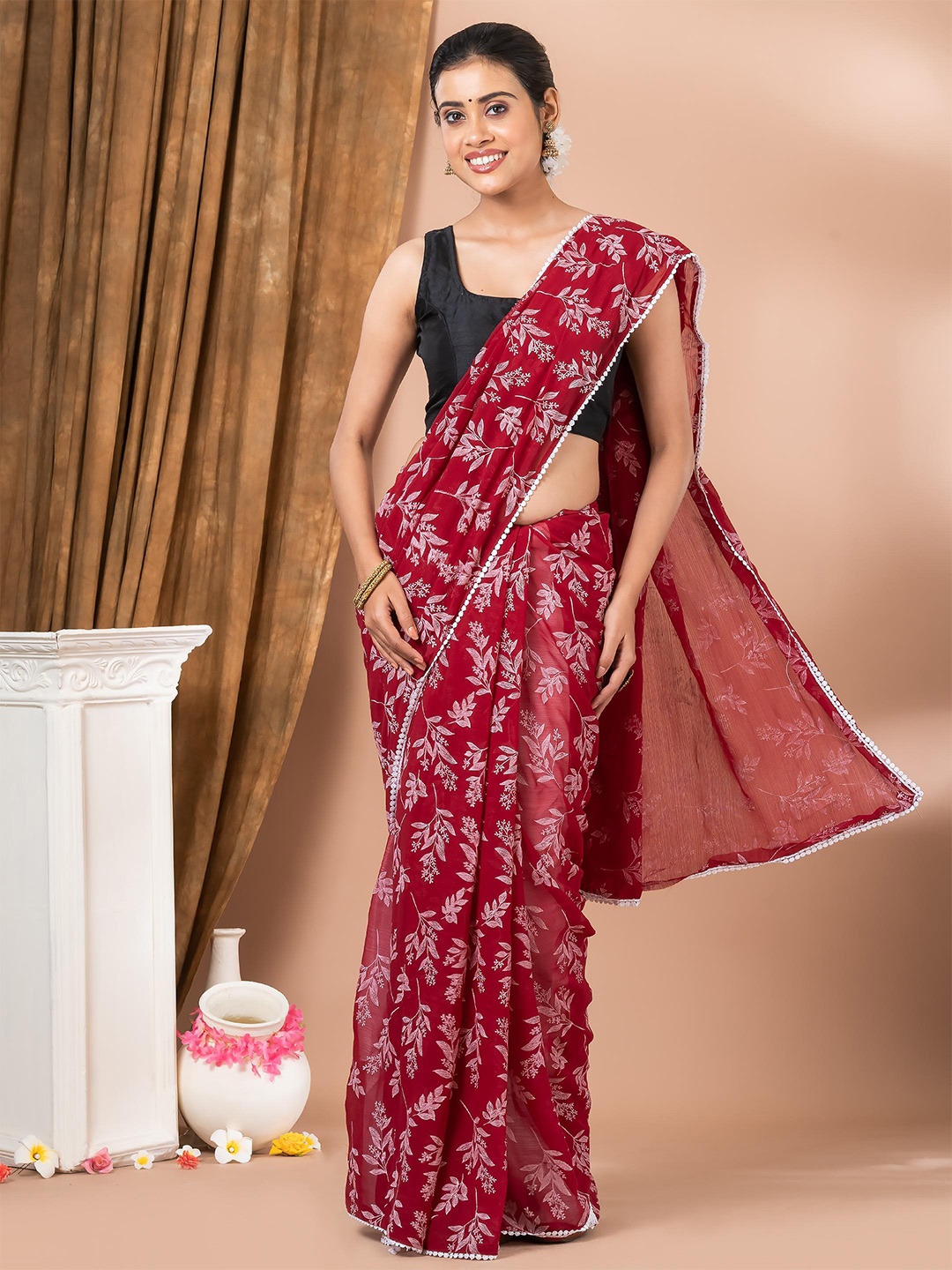 

MAHALASA Floral Embroidered Pure Chiffon Saree, Maroon