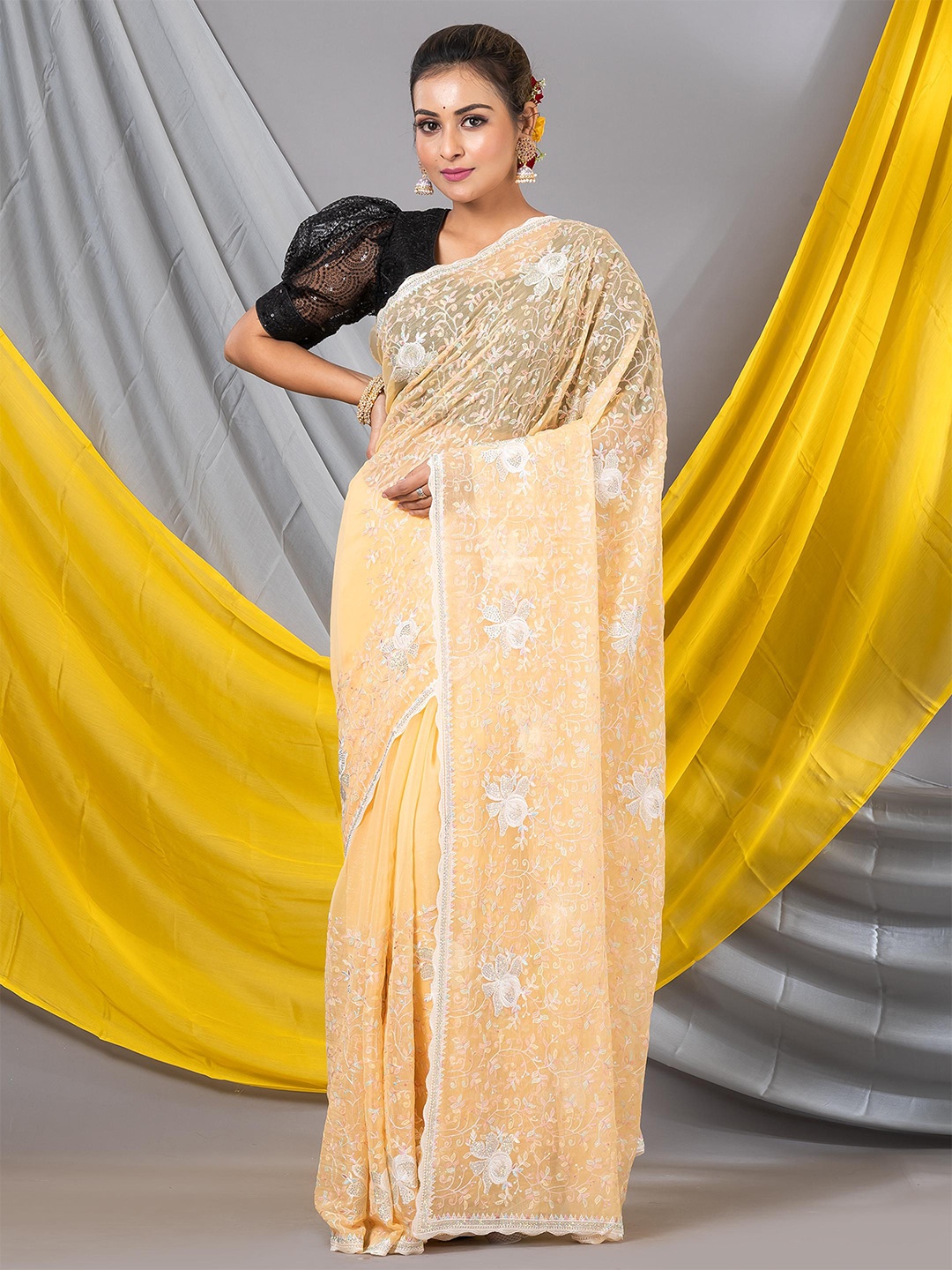 

MAHALASA Floral Embroidered Pure Georgette Saree, Yellow
