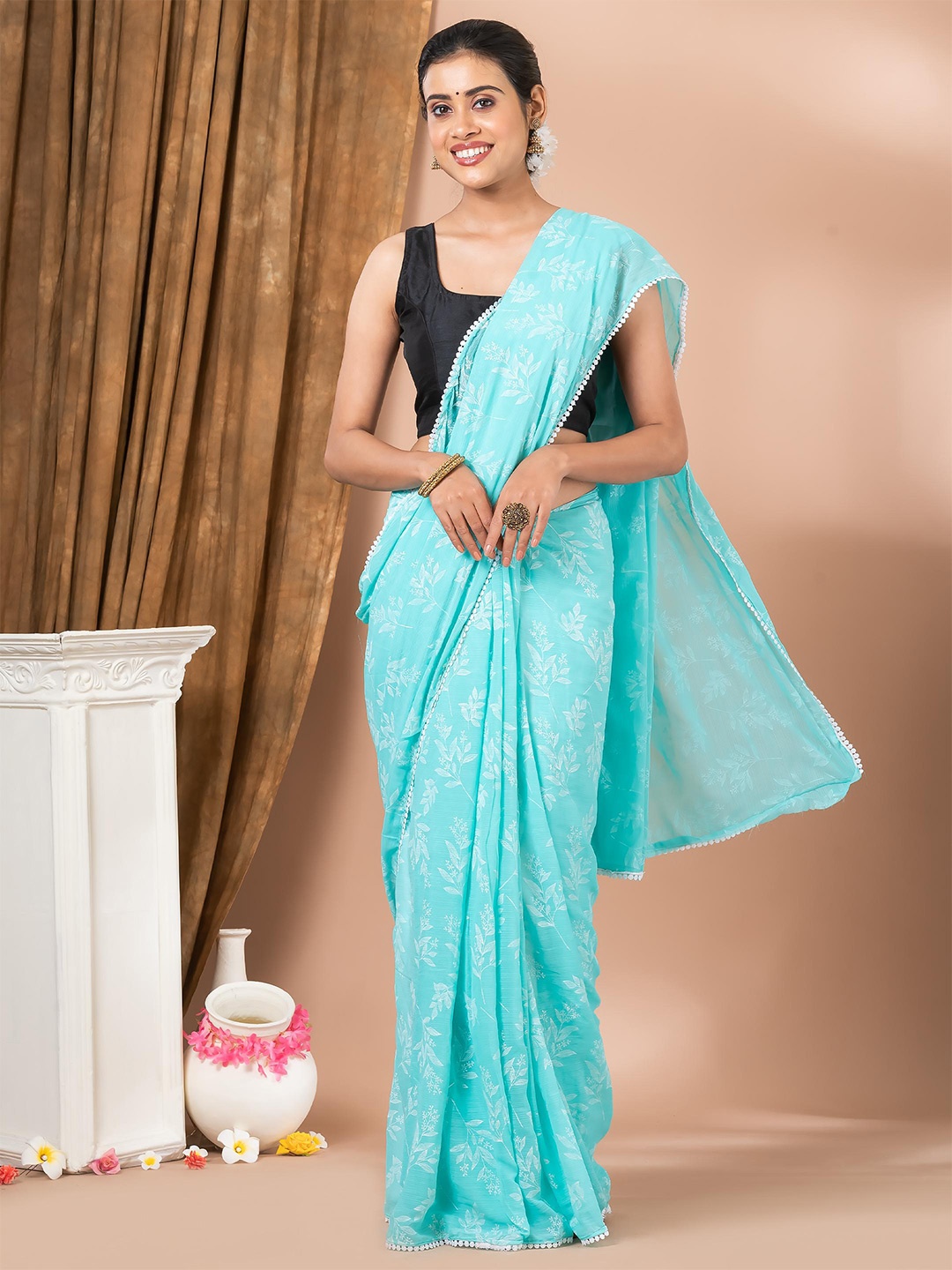 

MAHALASA Floral Pure Chiffon Saree, Turquoise blue