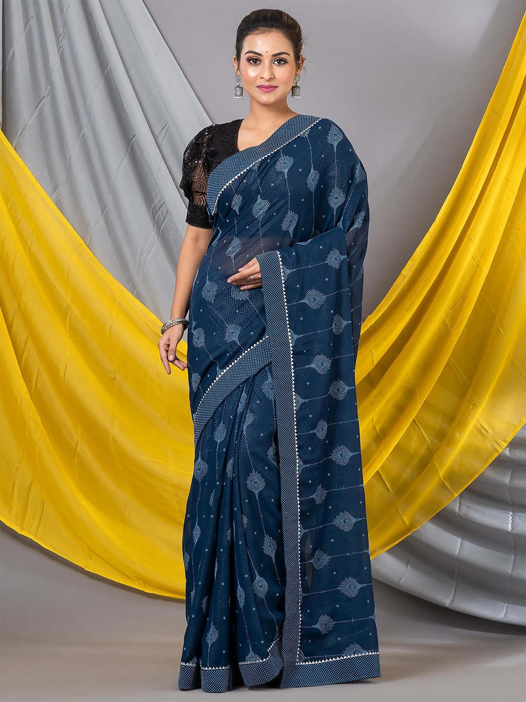 

MAHALASA Embroidered Pure Georgette Saree, Teal