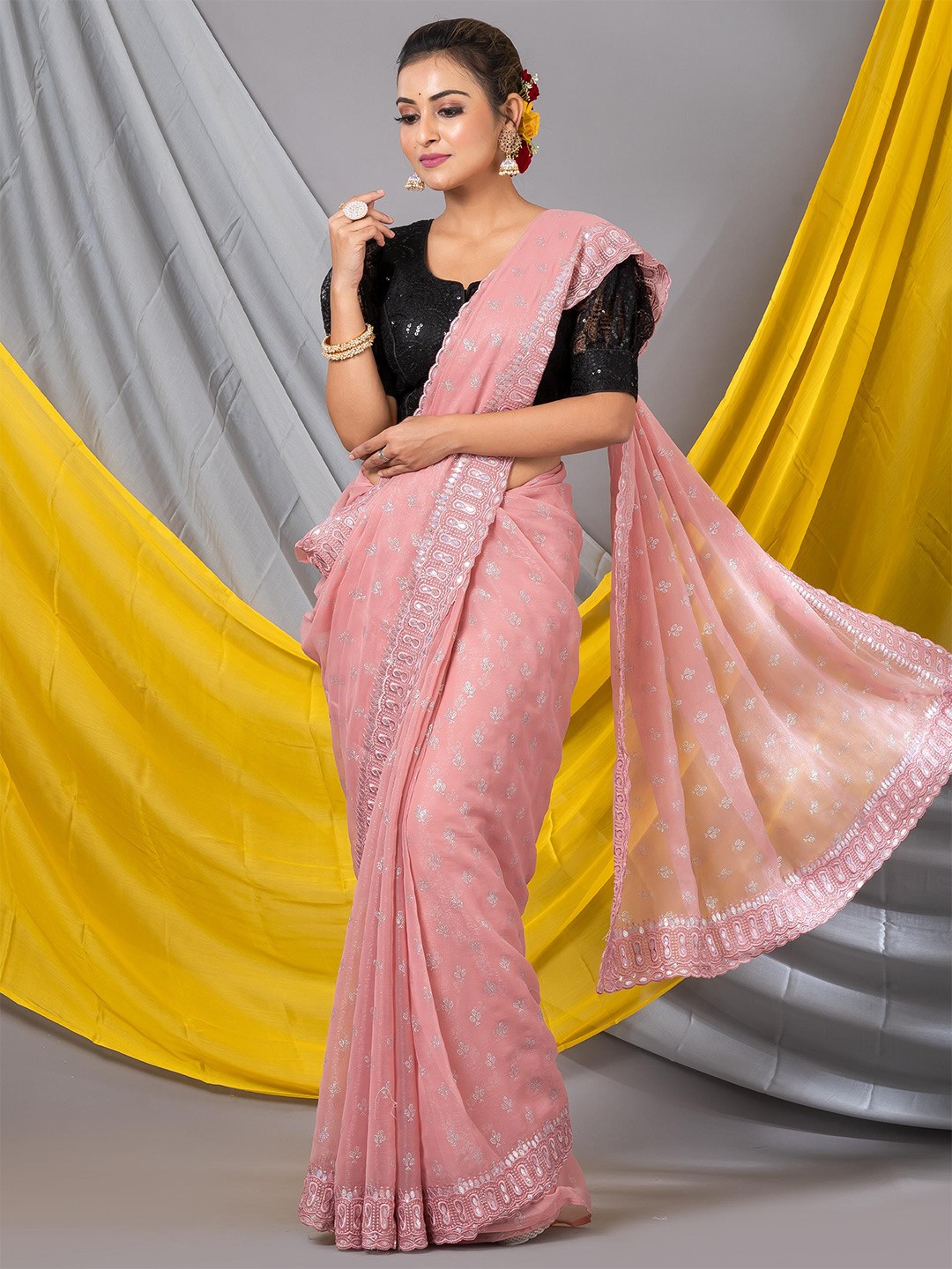 

MAHALASA Floral Embellished Pure Chiffon Saree, Peach