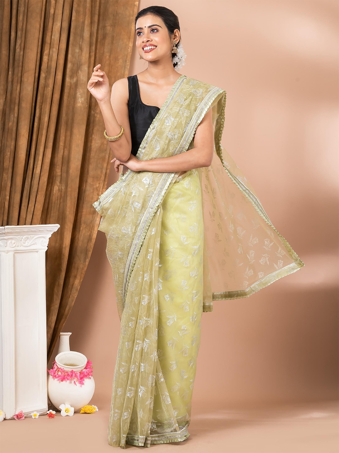 

MAHALASA Floral Pure Chiffon Saree, Lime green