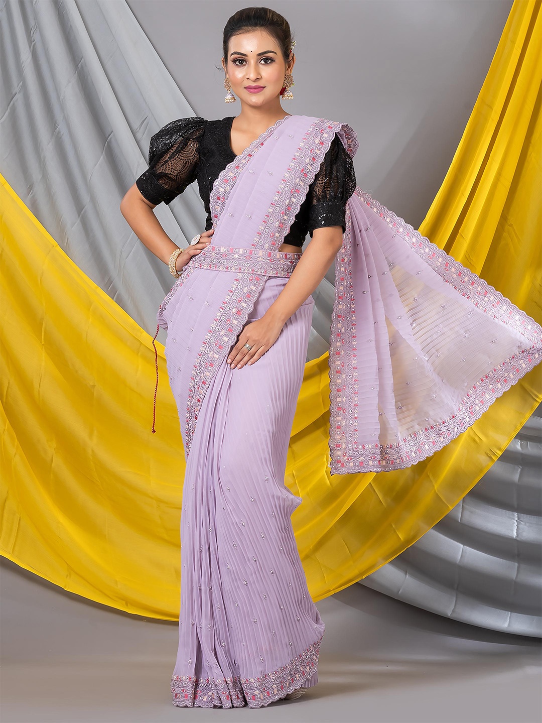 

MAHALASA Embroidered Silk Saree, Lavender
