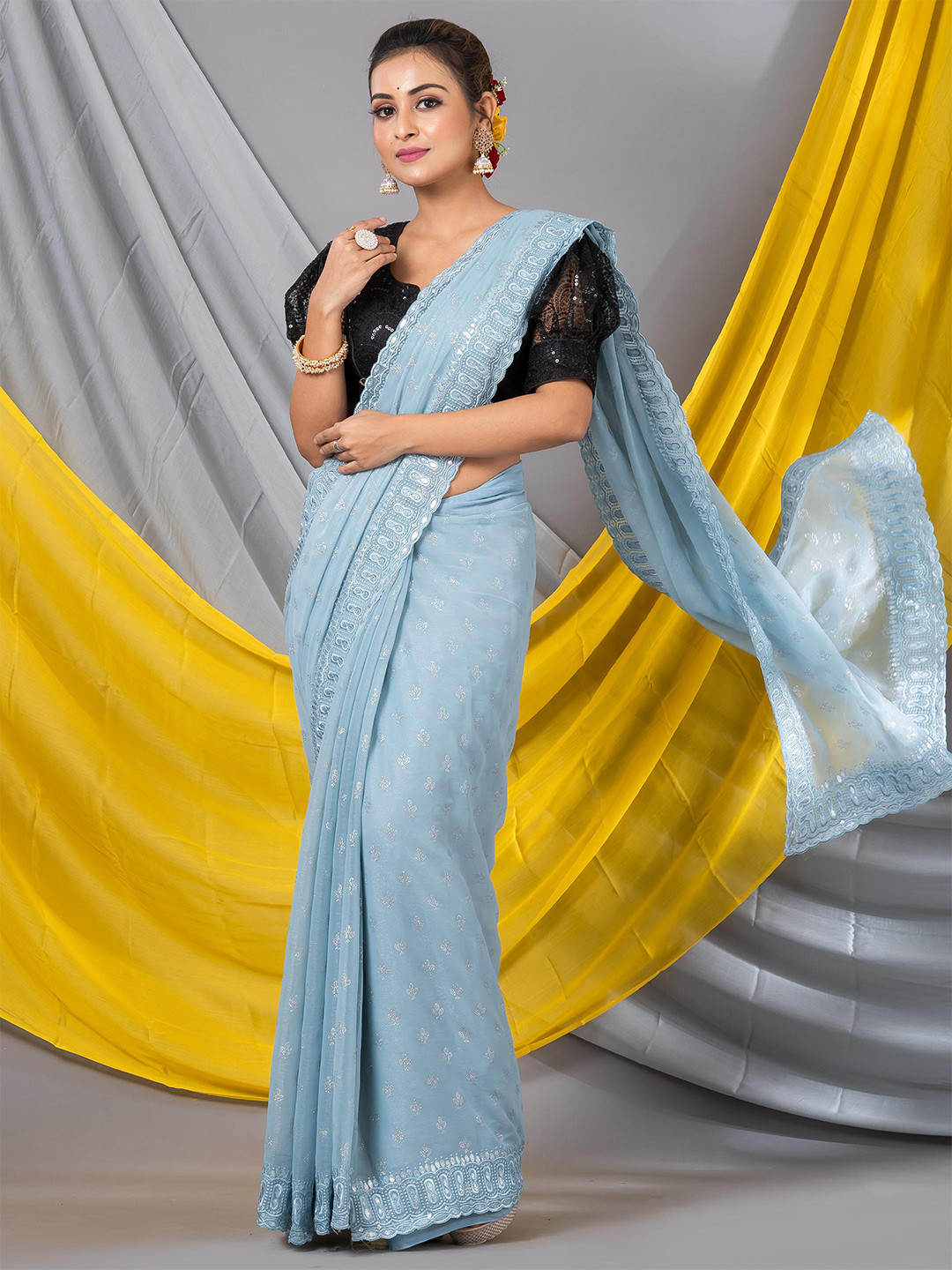

MAHALASA Floral Embellished Embroidered Pure Chiffon Saree, Turquoise blue