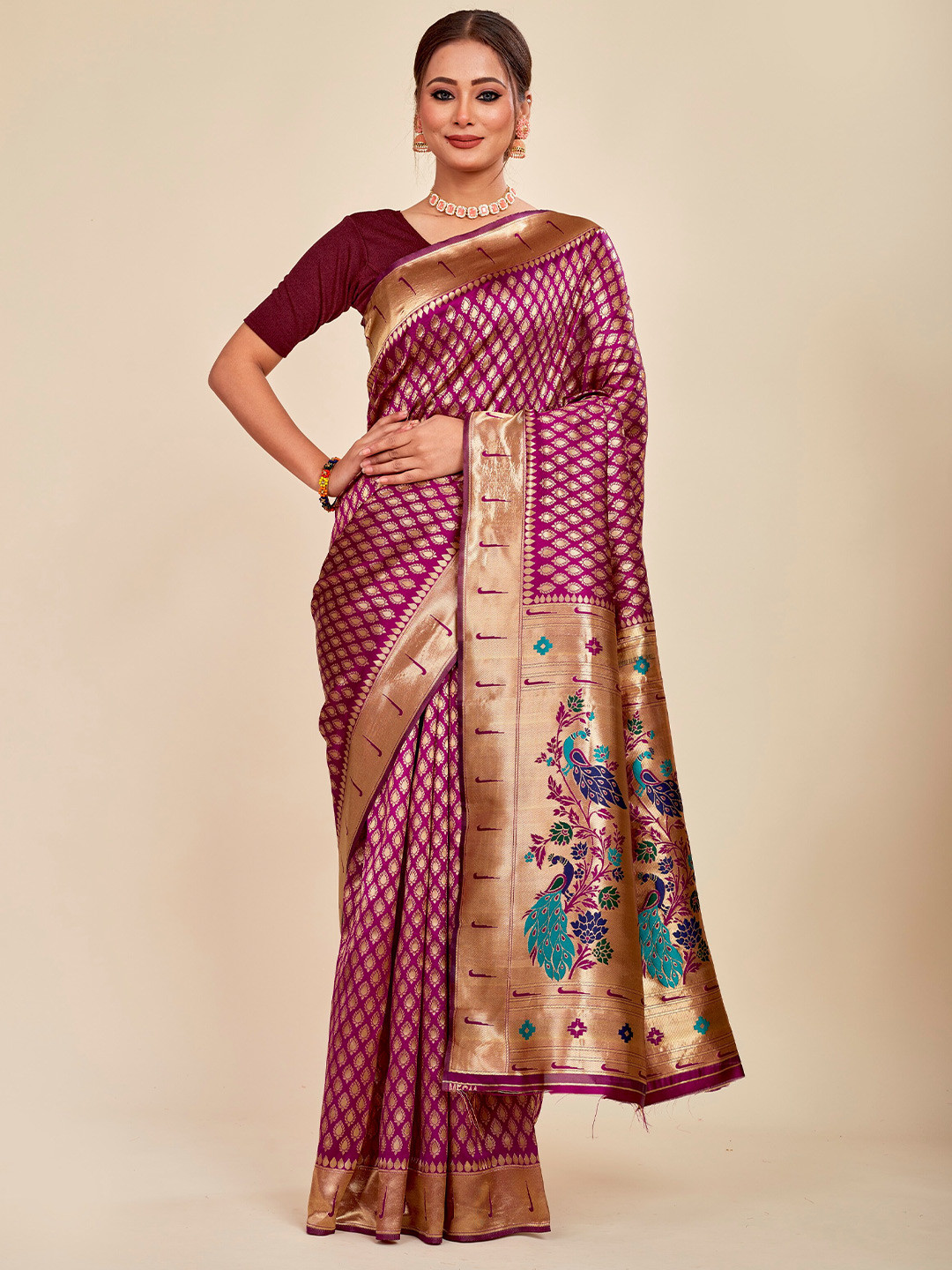 

MAHALASA Woven Design Ethnic Motifs Zari Saree, Purple