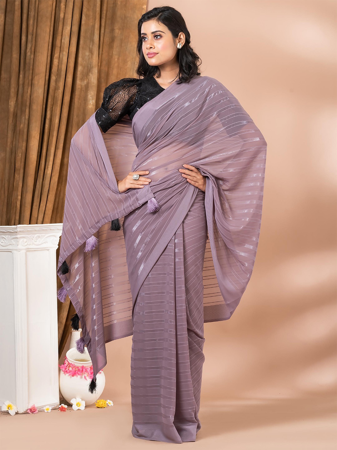 

MAHALASA Striped Pure Georgette Saree, Magenta