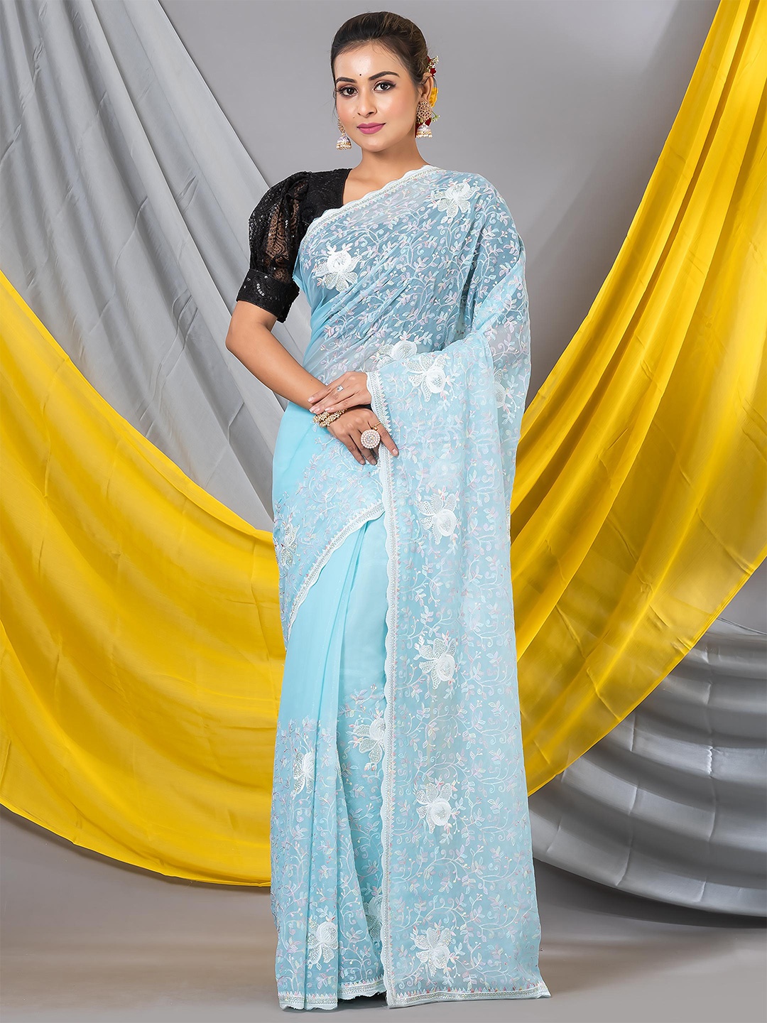 

MAHALASA Floral Embroidered Pure Georgette Saree, Turquoise blue