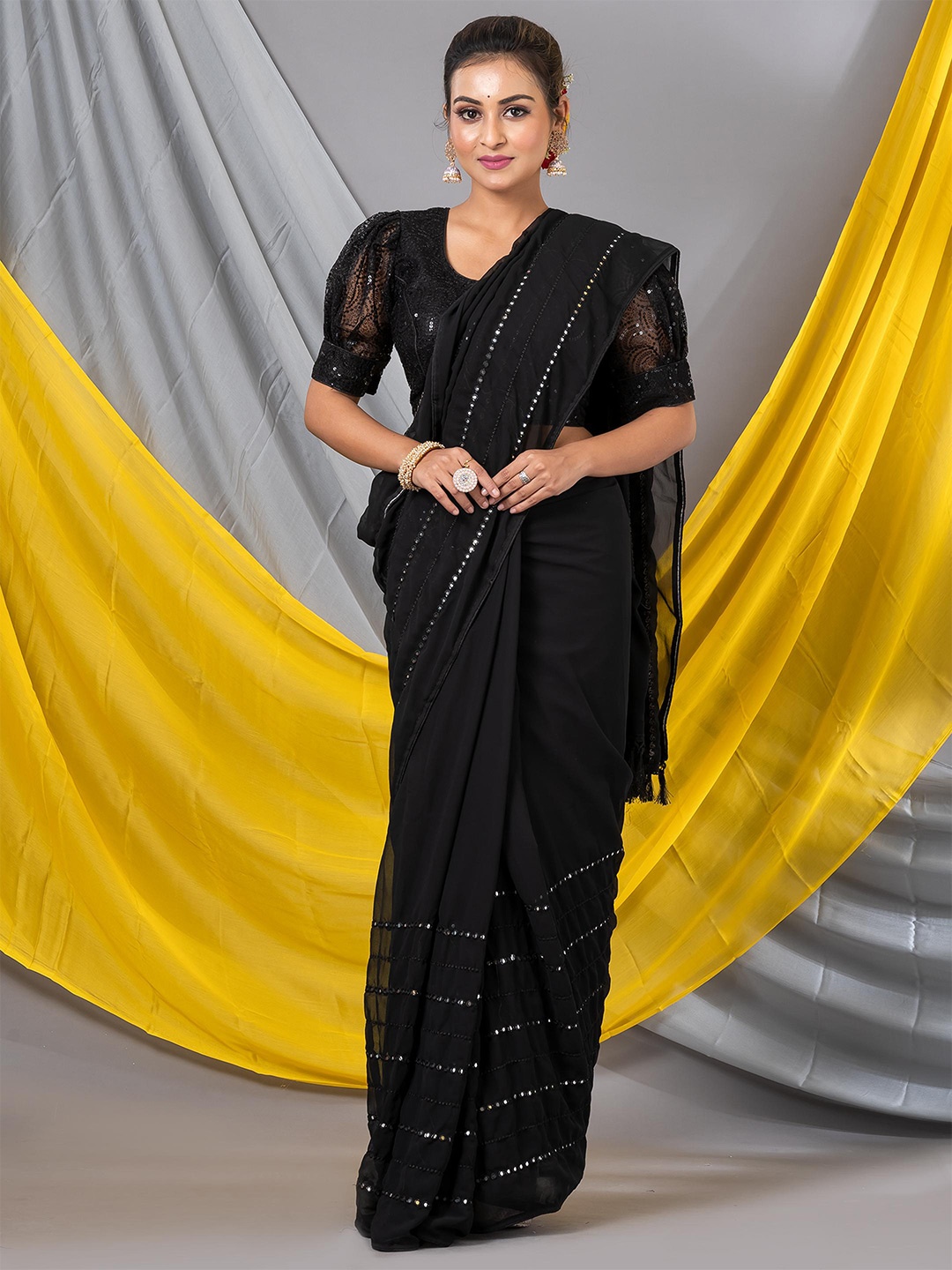 

MAHALASA Striped Georgette Saree, Black