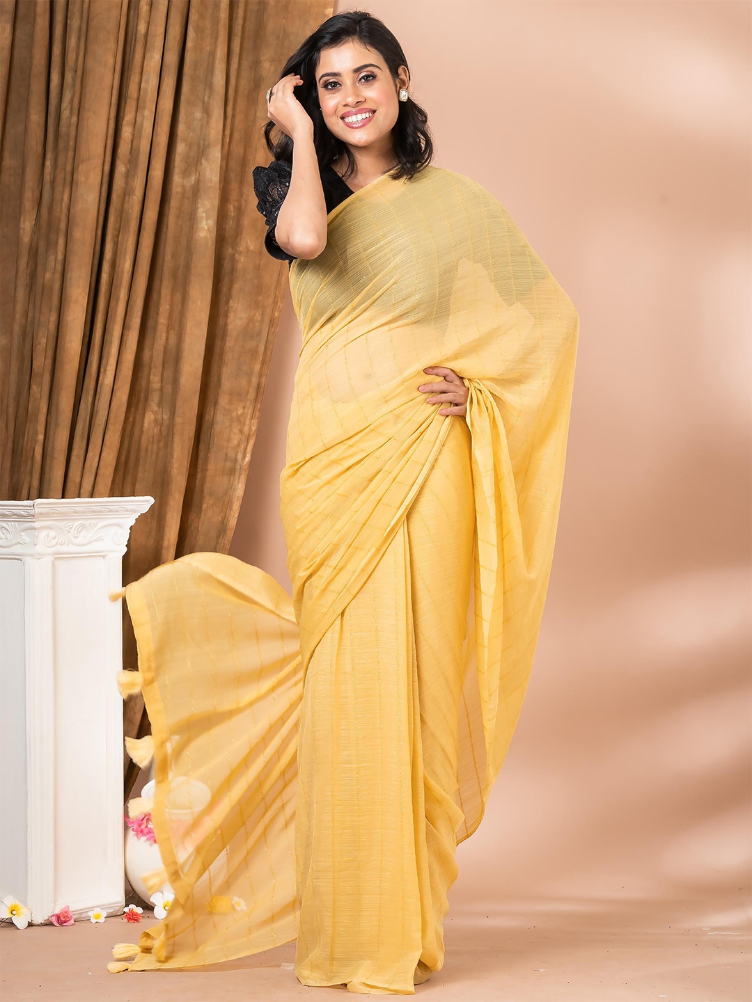 

MAHALASA Striped Pure Chiffon Saree, Gold