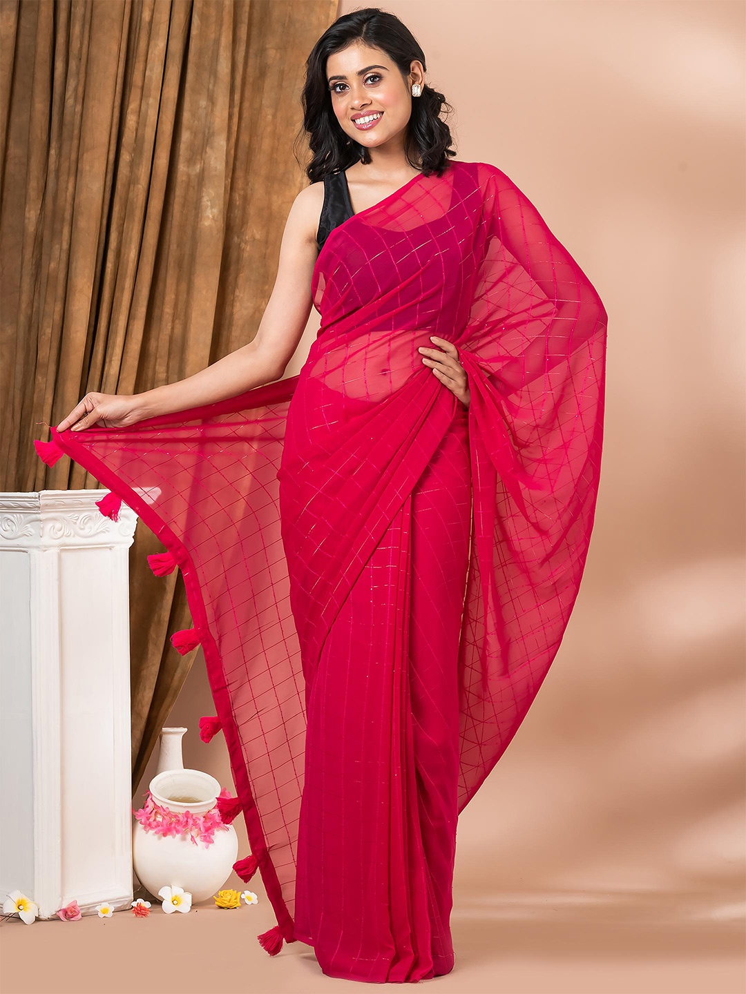 

MAHALASA Checked Pure Georgette Zari Saree, Pink