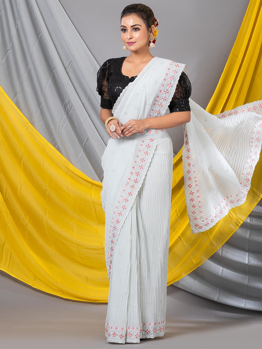 

MAHALASA Embroidered Floral Belted Saree, White