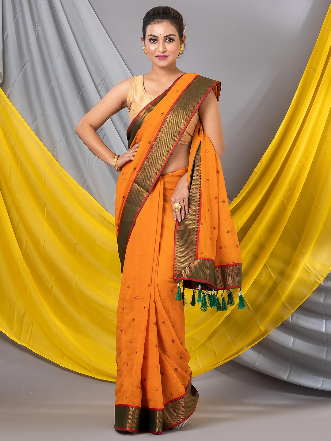 

MAHALASA Floral Embroidered Pure Chiffon Zari Saree, Yellow
