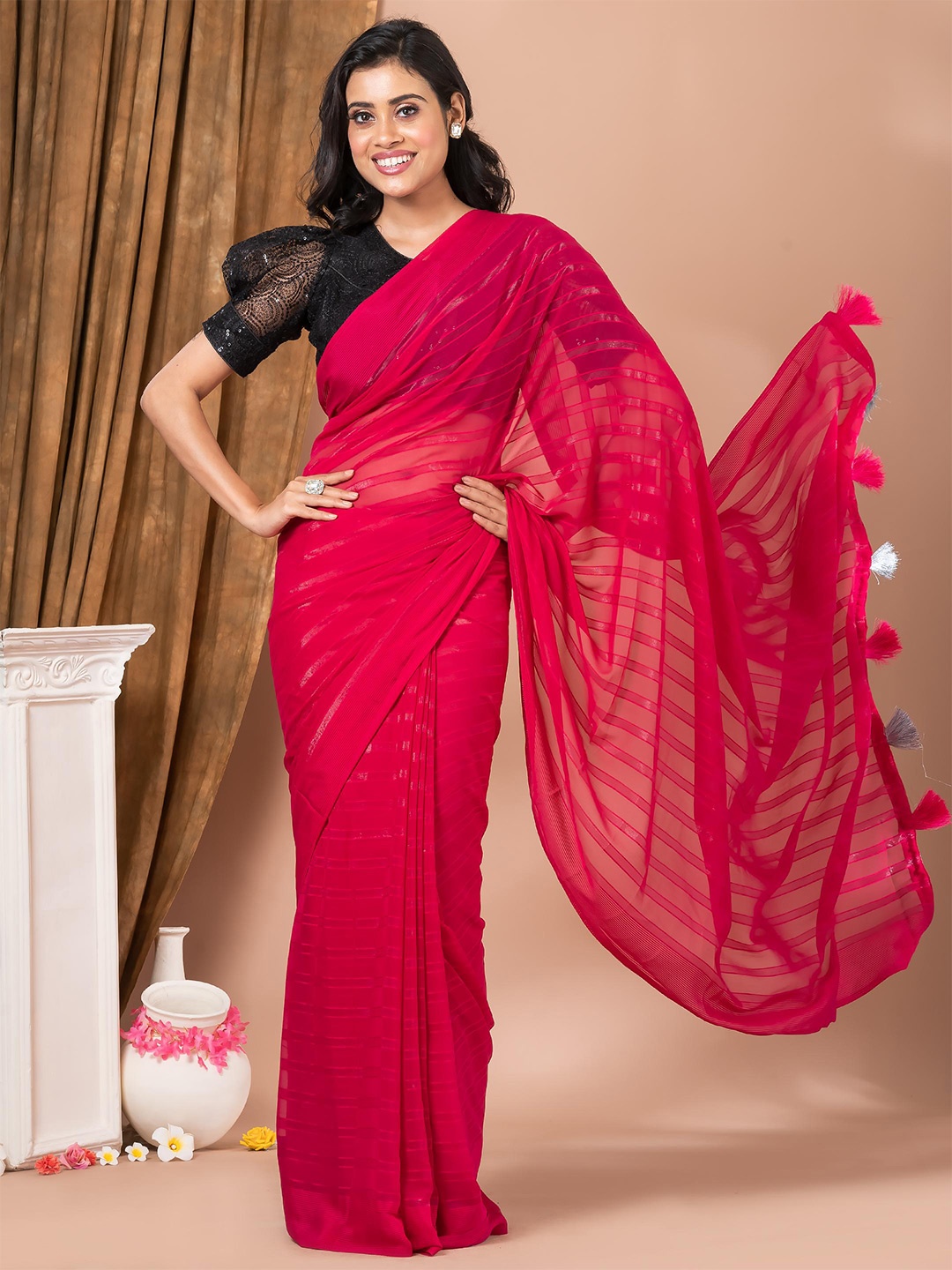 

MAHALASA Striped Pure Georgette Zari Saree, Pink