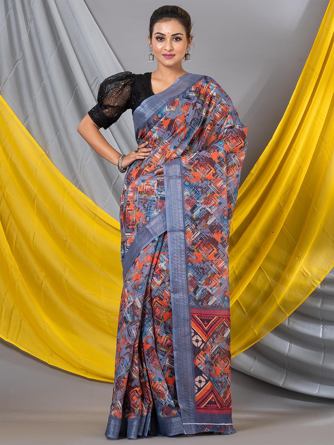 

MAHALASA Floral Linen Saree, Blue