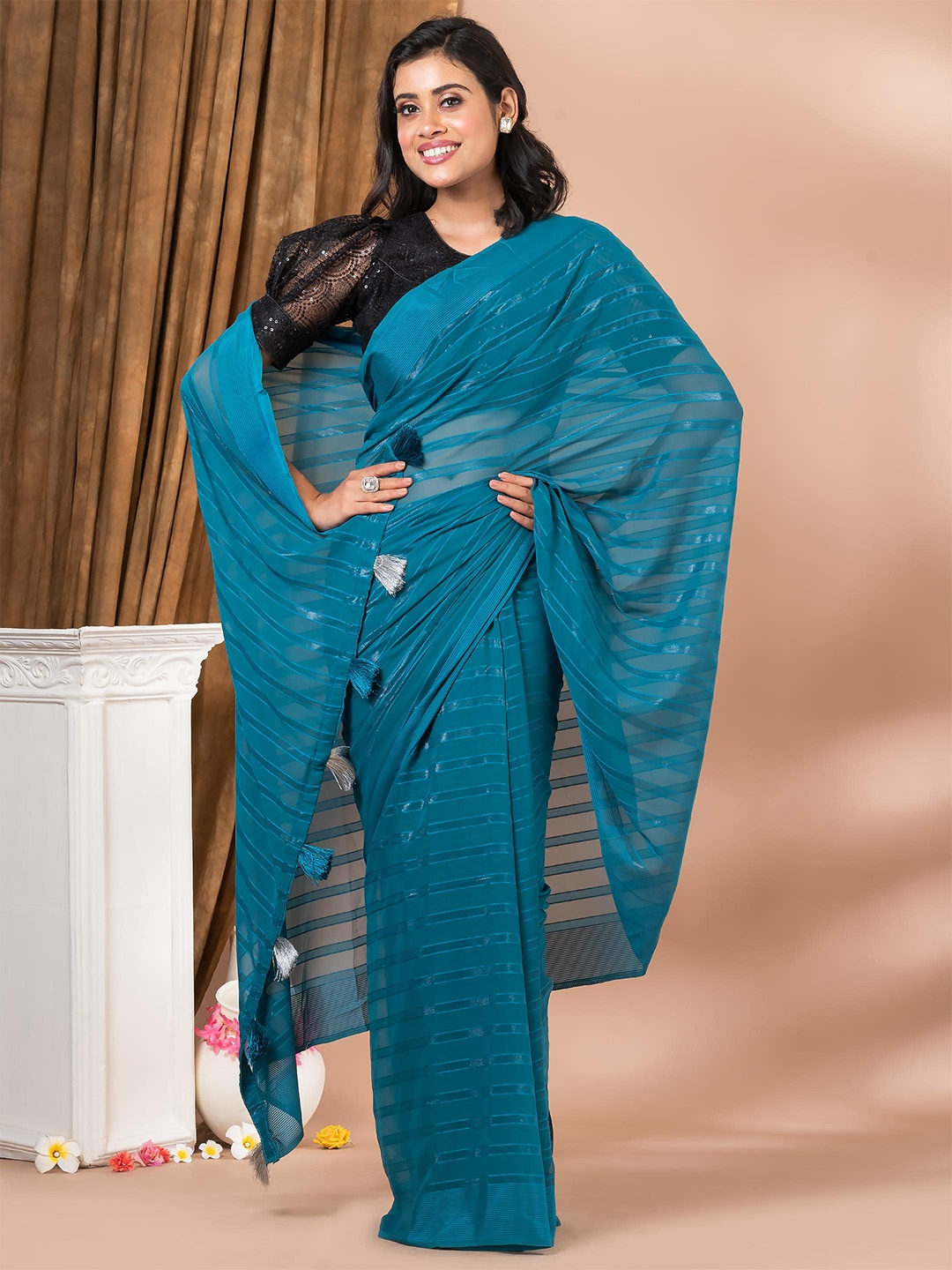

MAHALASA Striped Pure Georgette Saree, Teal