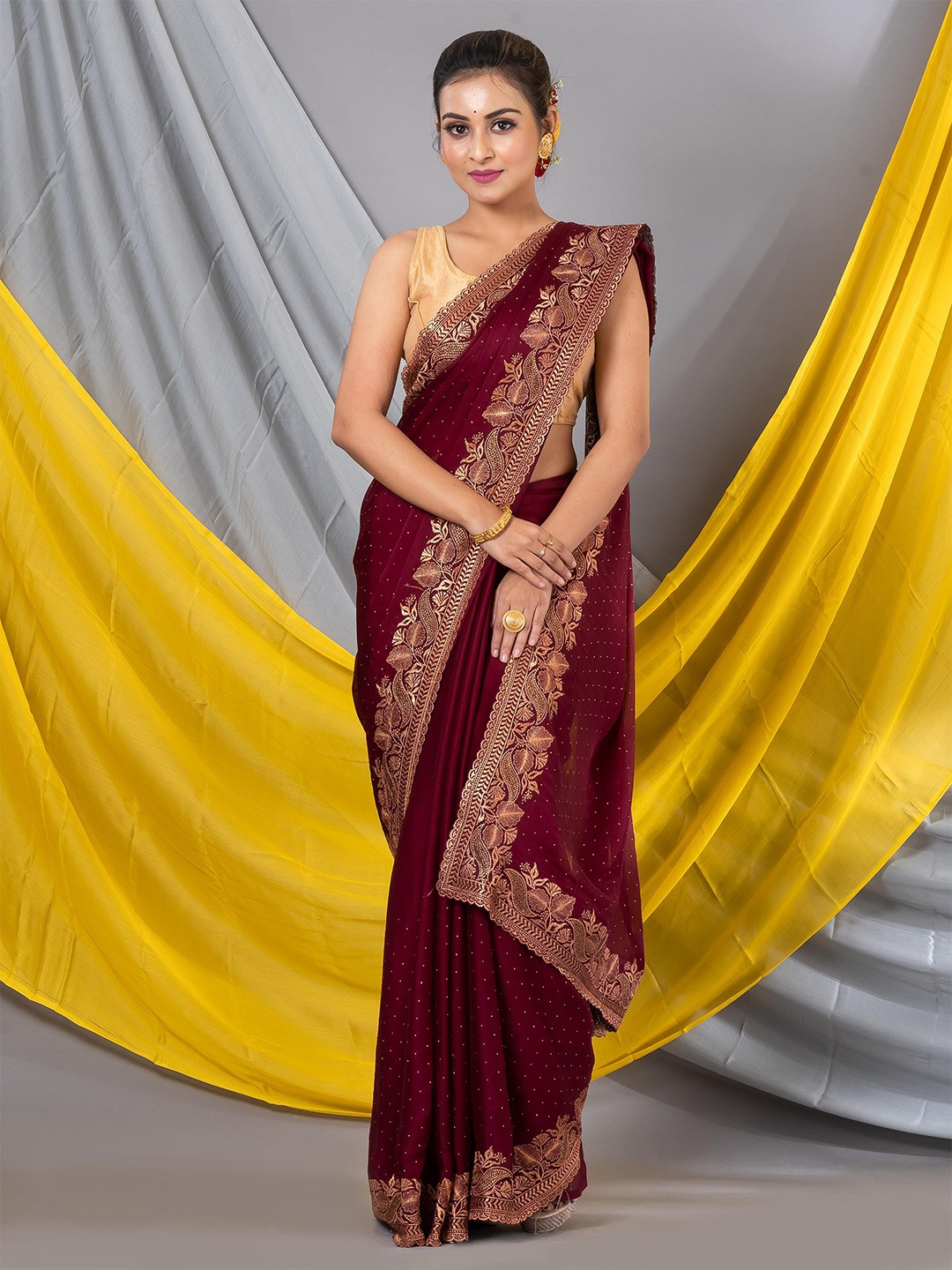 

MAHALASA Embroidered Embellished Saree, Burgundy