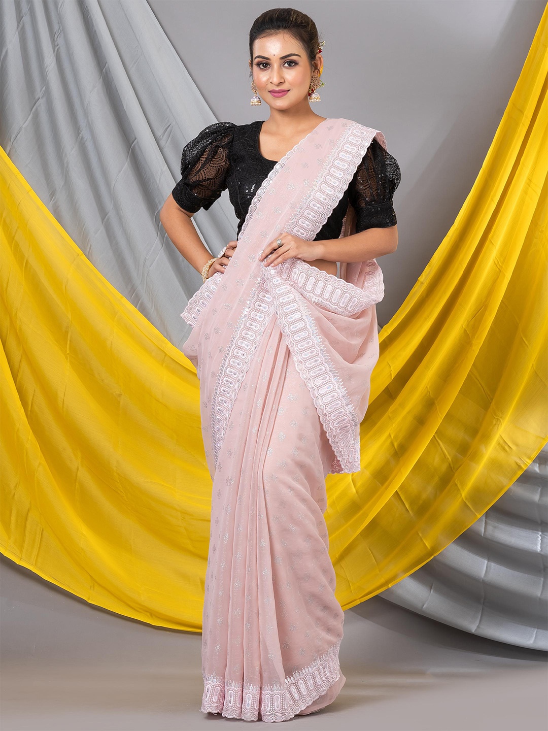 

MAHALASA Floral Printed Embroidered Pure Chiffon Saree, Pink