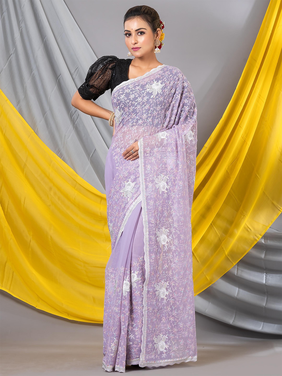 

MAHALASA Floral Embroidered Pure Georgette Sarees, Lavender