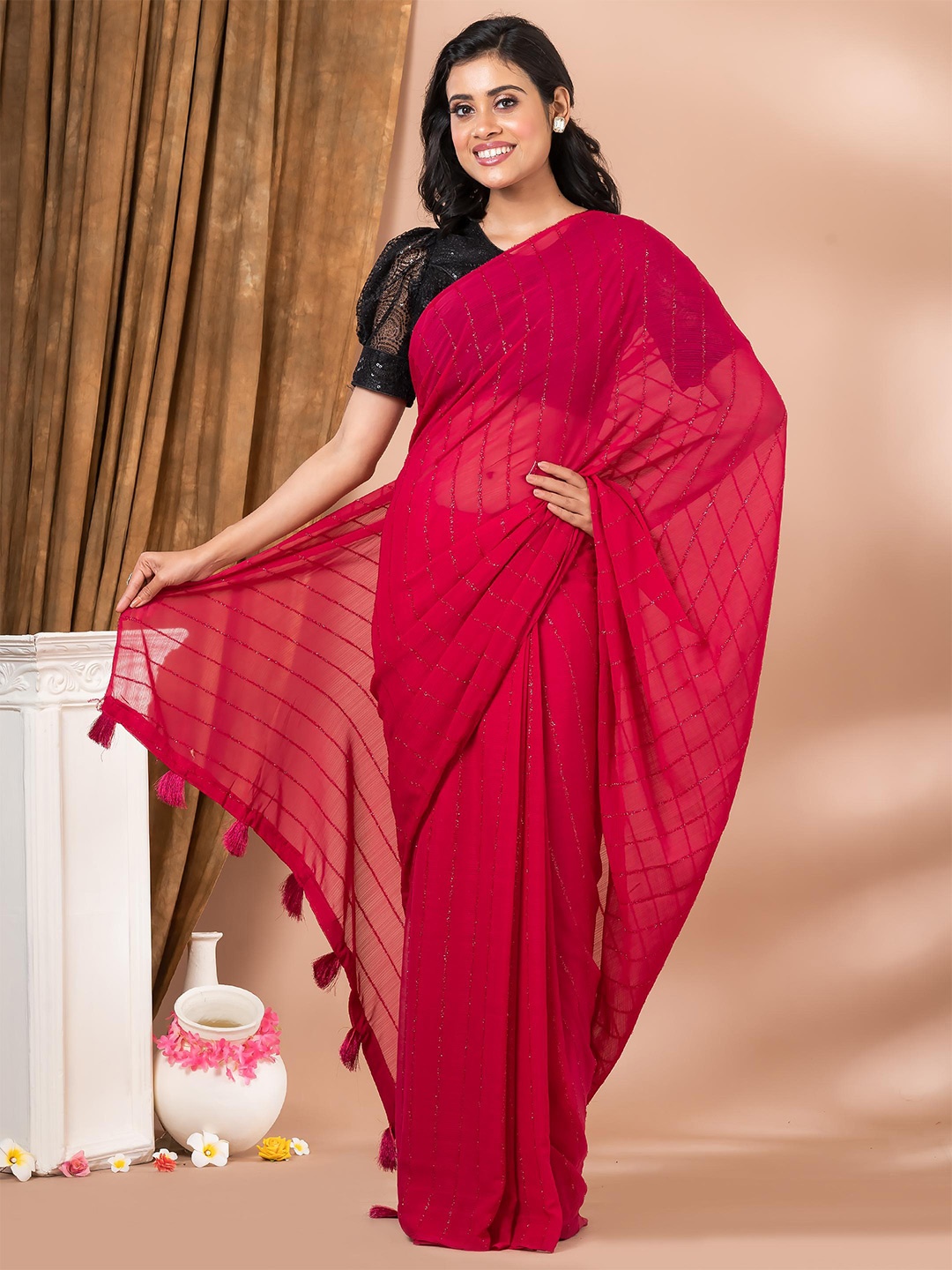 MAHALASA Striped Pure Chiffon Saree, Maroon