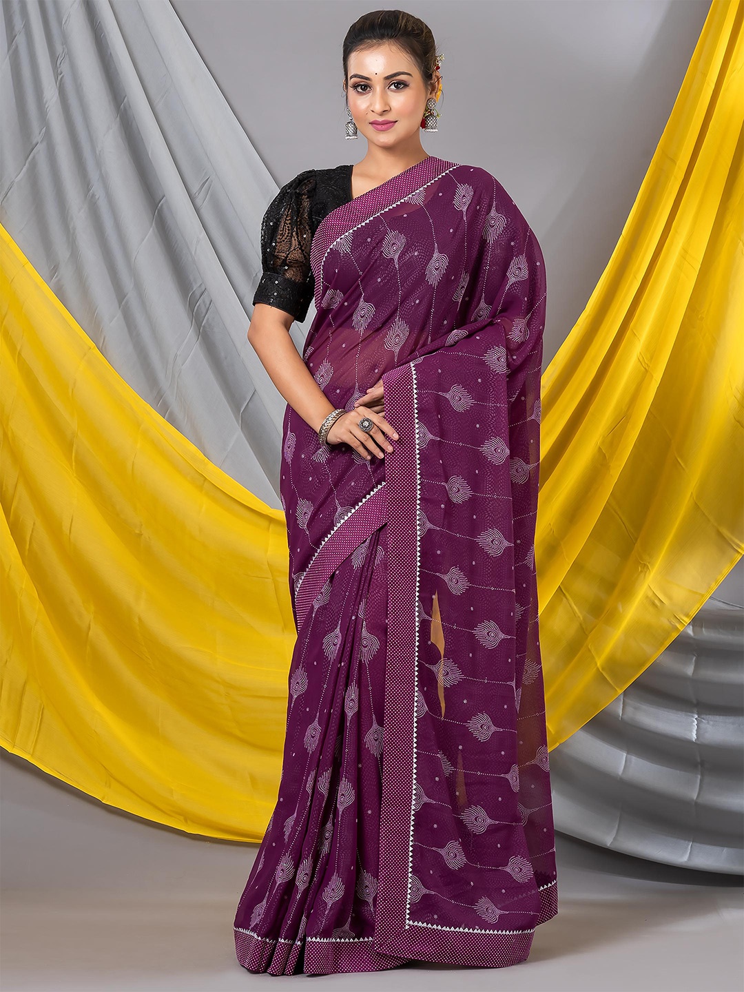 

MAHALASA Geometric Embroidered Gotta Patti Pure Georgette Saree, Magenta