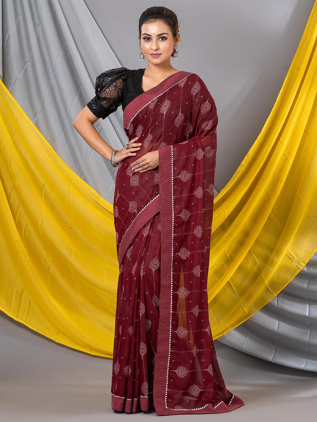 

MAHALASA Ethnic Motifs Printed Pure Georgette Saree, Maroon