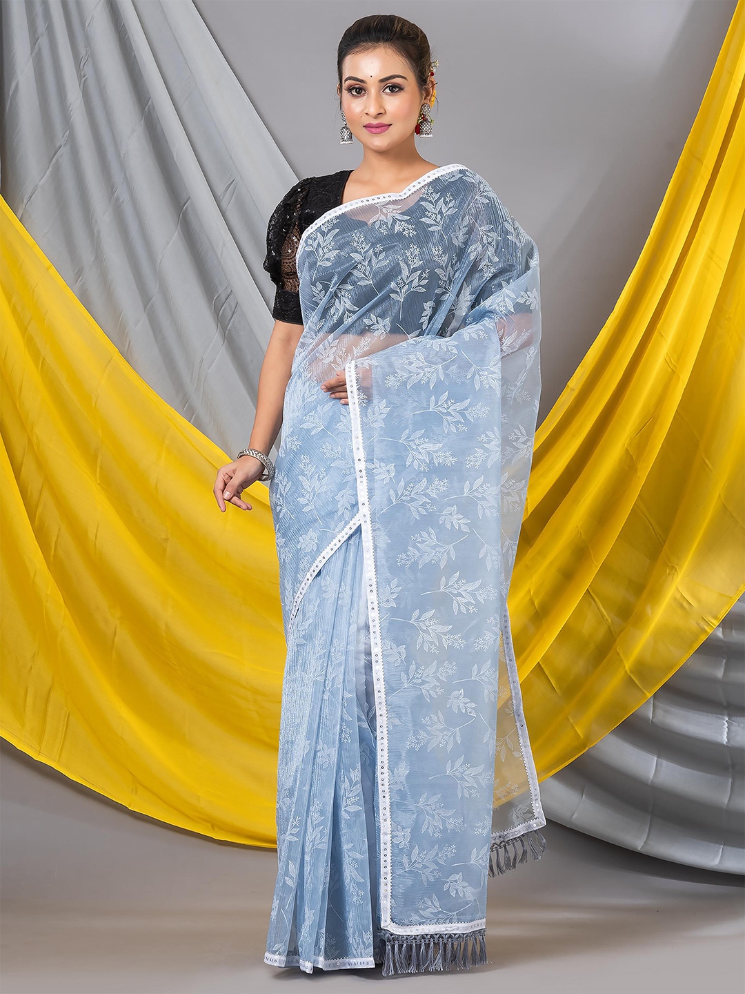 

MAHALASA Floral Printed Sequinned Embellished Pure Chiffon Saree, Blue