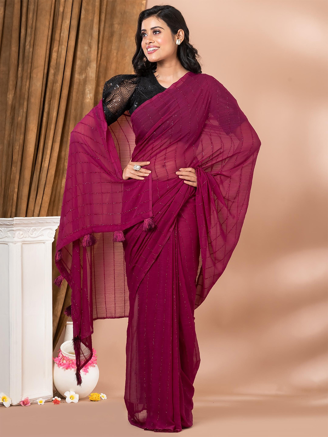 

MAHALASA Striped Pure Chiffon Saree, Magenta