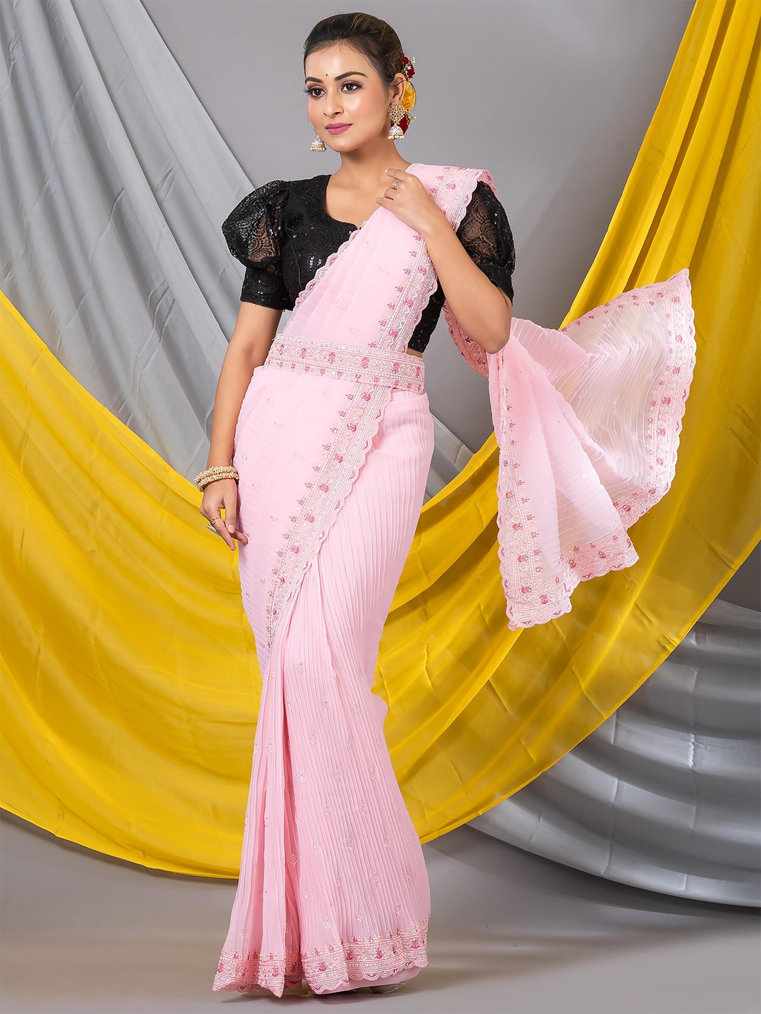 

MAHALASA Embroidered Silk Saree, Pink