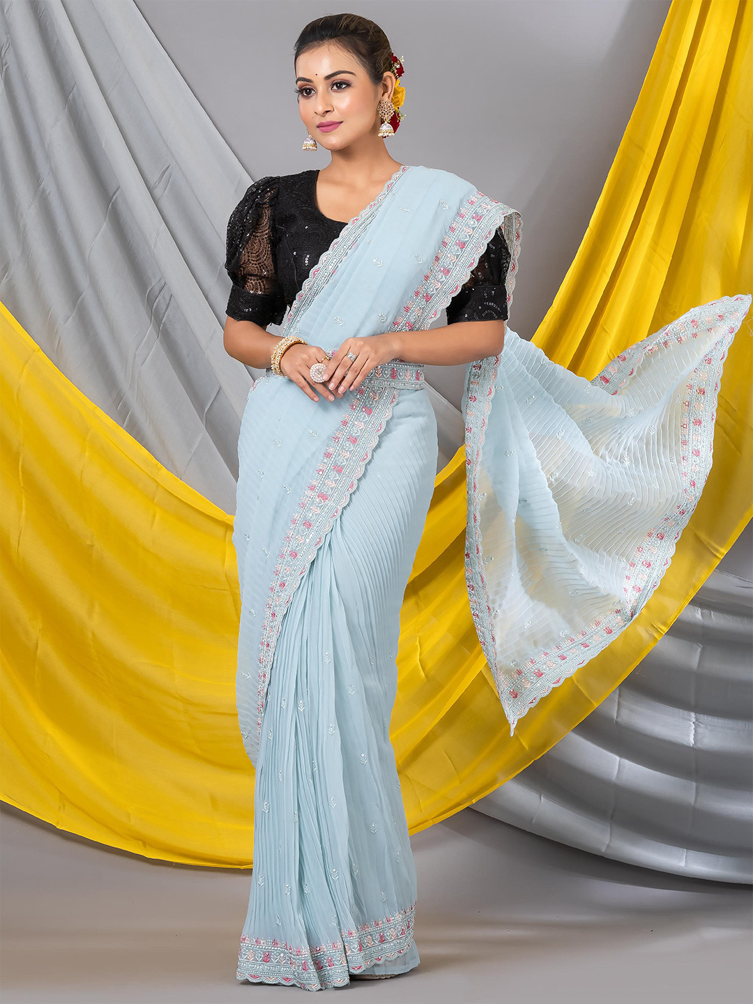 

MAHALASA Floral Embroidered Saree, Blue