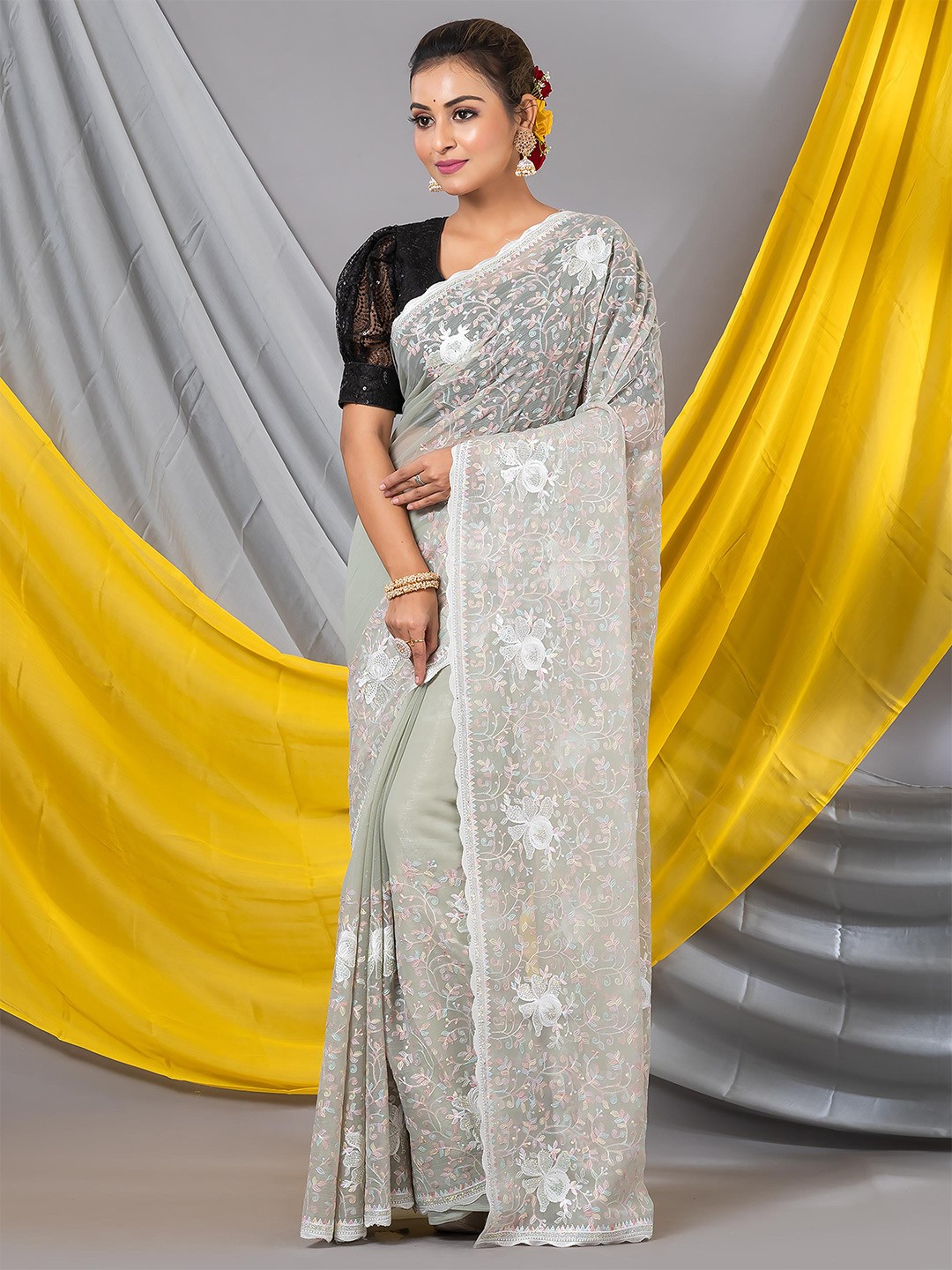 

MAHALASA Floral Embroidered Pure Georgette Saree, Grey
